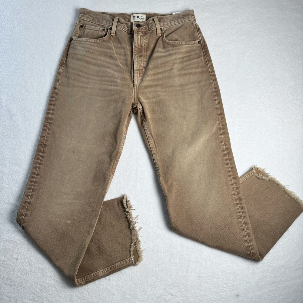 Etica Finn Slim Straight Jeans Womens 27 Brown High Rise Raw Hem Cropped Denim